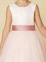 Jewel Neck Sleeveless Buttons Formal Ivory Kids Tulle Pageant Dresses-Dbrbridal