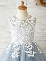 Jewel Neck Sleeveless Lace Bodice Formal Kids Pageant flower girl dresses-Dbrbridal
