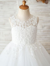 Jewel Neck Sleeveless Lace Bodice Kids Party Dresses-Dbrbridal