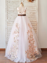 Jewel Neck Sleeveless Sash Pink Kids Social Party Dresses-Dbrbridal