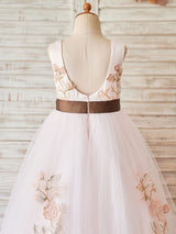 Jewel Neck Sleeveless Sash Pink Kids Social Party Dresses-Dbrbridal