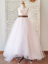 Jewel Neck Sleeveless Sash Pink Kids Social Party Dresses-Dbrbridal