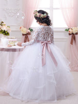 Jewel Neck Tulle Long Sleeves Floor-Length Ball Gown Bows Kids Pageant flower girl dresses-Dbrbridal