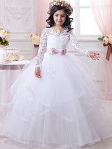 Jewel Neck Tulle Long Sleeves Floor-Length Ball Gown Bows Kids Pageant flower girl dresses-Dbrbridal