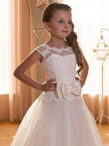 Jewel Neck Tulle Short Sleeves Floor Length Princess Bows Kids Formal Pageant Dresses-Dbrbridal
