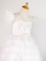 Jewel Neck Tulle Short Sleeves Floor Length Princess Lace Formal Kids Pageant flower girl dresses-Dbrbridal