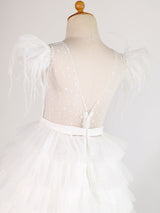 Jewel Neck Tulle Short Sleeves Floor Length Princess Lace Formal Kids Pageant flower girl dresses-Dbrbridal