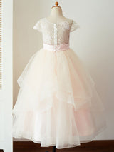 Jewel Neck Tulle Short Sleeves Floor-Length Princess Sash Kids Social Party Dresses-Dbrbridal