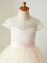 Jewel Neck Tulle Short Sleeves Floor-Length Princess Sash Kids Social Party Dresses-Dbrbridal