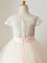 Jewel Neck Tulle Short Sleeves Floor-Length Princess Sash Kids Social Party Dresses-Dbrbridal