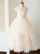 Jewel Neck Tulle Short Sleeves Floor-Length Princess Sash Kids Social Party Dresses-Dbrbridal