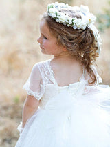 Jewel Neck Tulle Short Sleeves Princess Bows Formal Kids Pageant flower girl dresses-Dbrbridal