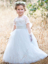 Jewel Neck Tulle Short Sleeves Princess Bows Formal Kids Pageant flower girl dresses-Dbrbridal