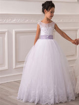 Jewel Neck Tulle Sleeveless Ankle Length Princess Bows Kids Party Dresses-Dbrbridal