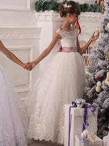 Jewel Neck Tulle Sleeveless Ankle Length Princess Bows Kids Party Dresses-Dbrbridal