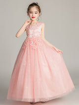 Jewel Neck Tulle Sleeveless Ankle Length Princess Embroidered Kids Party Dresses-Dbrbridal