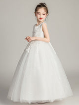 Jewel Neck Tulle Sleeveless Ankle Length Princess Embroidered Kids Party Dresses-Dbrbridal