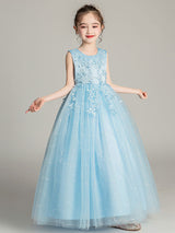 Jewel Neck Tulle Sleeveless Ankle Length Princess Embroidered Kids Party Dresses-Dbrbridal