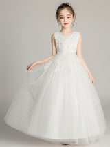 Jewel Neck Tulle Sleeveless Ankle Length Princess Embroidered Kids Party Dresses-Dbrbridal