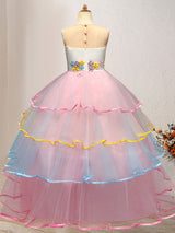Jewel Neck Tulle Sleeveless Ankle Length Princess Embroidered Kids Social Party Dresses-Dbrbridal