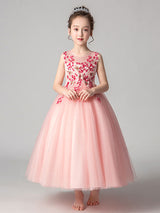 Jewel Neck Tulle Sleeveless Ankle Length Princess Flowers Kids Party Dresses-Dbrbridal