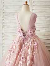 Jewel Neck Tulle Sleeveless Floor-Length Princess Beaded Kids Party Dresses-Dbrbridal