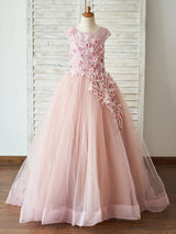 Jewel Neck Tulle Sleeveless Floor-Length Princess Beaded Kids Party Dresses-Dbrbridal