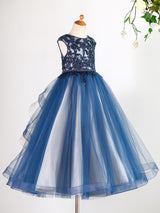 Jewel Neck Tulle Sleeveless Floor Length Princess Lace Kids Social Party Dresses-Dbrbridal