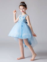 Jewel Neck Tulle Sleeveless Princess High Low Short Embroidered Kids Social Party Dresses-Dbrbridal