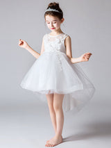 Jewel Neck Tulle Sleeveless Princess High Low Short Embroidered Kids Social Party Dresses-Dbrbridal