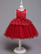 Jewel Neck Tulle Sleeveless Short Princess Bows Formal Kids Pageant flower girl dresses-Dbrbridal