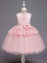 Jewel Neck Tulle Sleeveless Short Princess Bows Formal Kids Pageant flower girl dresses-Dbrbridal
