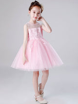 Jewel Neck Tulle Sleeveless Short Princess Embroidered Kids Social Party Dresses-Dbrbridal