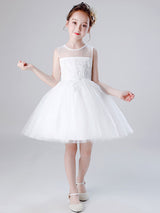 Jewel Neck Tulle Sleeveless Short Princess Embroidered Kids Social Party Dresses-Dbrbridal