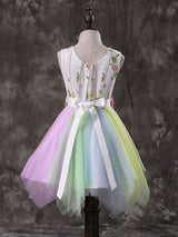 Jewel Neck Tulle Sleeveless Short Sash Princess Embroidered Kids Social Party Dresses-Dbrbridal