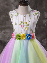 Jewel Neck Tulle Sleeveless Short Sash Princess Embroidered Kids Social Party Dresses-Dbrbridal