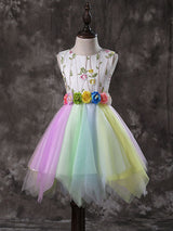Jewel Neck Tulle Sleeveless Short Sash Princess Embroidered Kids Social Party Dresses-Dbrbridal