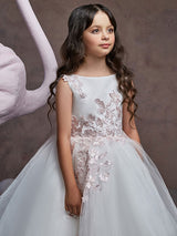 Jewel Neck Tulle Sleeveless Sweep Princess Embroidered Formal Kids Pageant flower girl dresses-Dbrbridal
