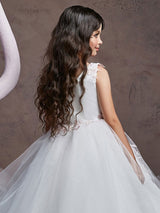Jewel Neck Tulle Sleeveless Sweep Princess Embroidered Formal Kids Pageant flower girl dresses-Dbrbridal