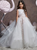 Jewel Neck Tulle Sleeveless Sweep Princess Embroidered Formal Kids Pageant flower girl dresses-Dbrbridal