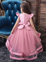 Jewel Neck Tulle Sleeveless With Train Princess Bows Kids Social Party Dresses-Dbrbridal