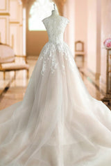 Jewel Neck Wedding Dresses Princess Silhouette Sleeveless Lace Soft Pink Tulle Bridal Gowns-Dbrbridal