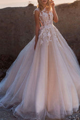 Jewel Neck Wedding Dresses Princess Silhouette Sleeveless Lace Soft Pink Tulle Bridal Gowns-Dbrbridal