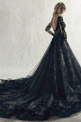 Lace Black Wedding Dresses Princess Silhouette Long Sleeves Lace Court Train Bridal Gown-Dbrbridal