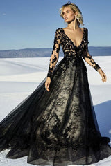 Lace Black Wedding Dresses Princess Silhouette Long Sleeves Lace Court Train Bridal Gown-Dbrbridal