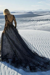 Lace Black Wedding Dresses Princess Silhouette Long Sleeves Lace Court Train Bridal Gown-Dbrbridal