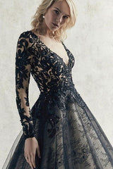 Lace Black Wedding Dresses Princess Silhouette Long Sleeves Lace Court Train Bridal Gown-Dbrbridal