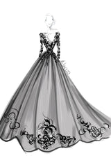 Lace Black Wedding Dresses Princess Silhouette Long Sleeves Lace Court Train Bridal Gown-Dbrbridal