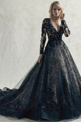 Lace Black Wedding Dresses Princess Silhouette Long Sleeves Lace Court Train Bridal Gown-Dbrbridal