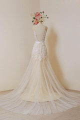 Lace Boho Wedding Dress fleshcolor Tulle Bridal Gown Sexy Backless A-Line Court Train Beach Wedding Dress With Detachable Satin Sash-Dbrbridal